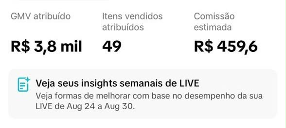 Resultado de venda ao vivo de um cliente do MeuModera