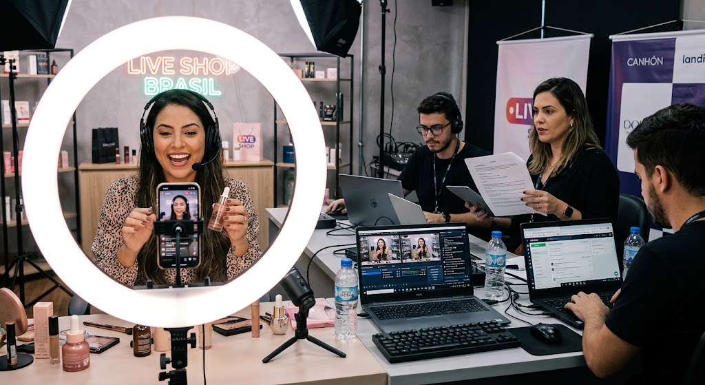 Live de venda com uma equipe inteira de apoio